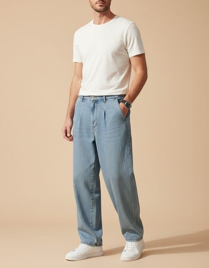 Pantalon Baggy Bleu Jean Ample Plissé Décontracté Homme