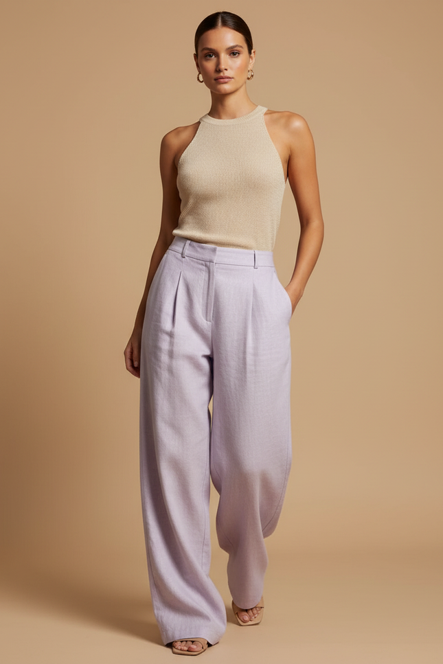 Pantalon Baggy Lavande Ample Lin Plissé Fluide - Violet
