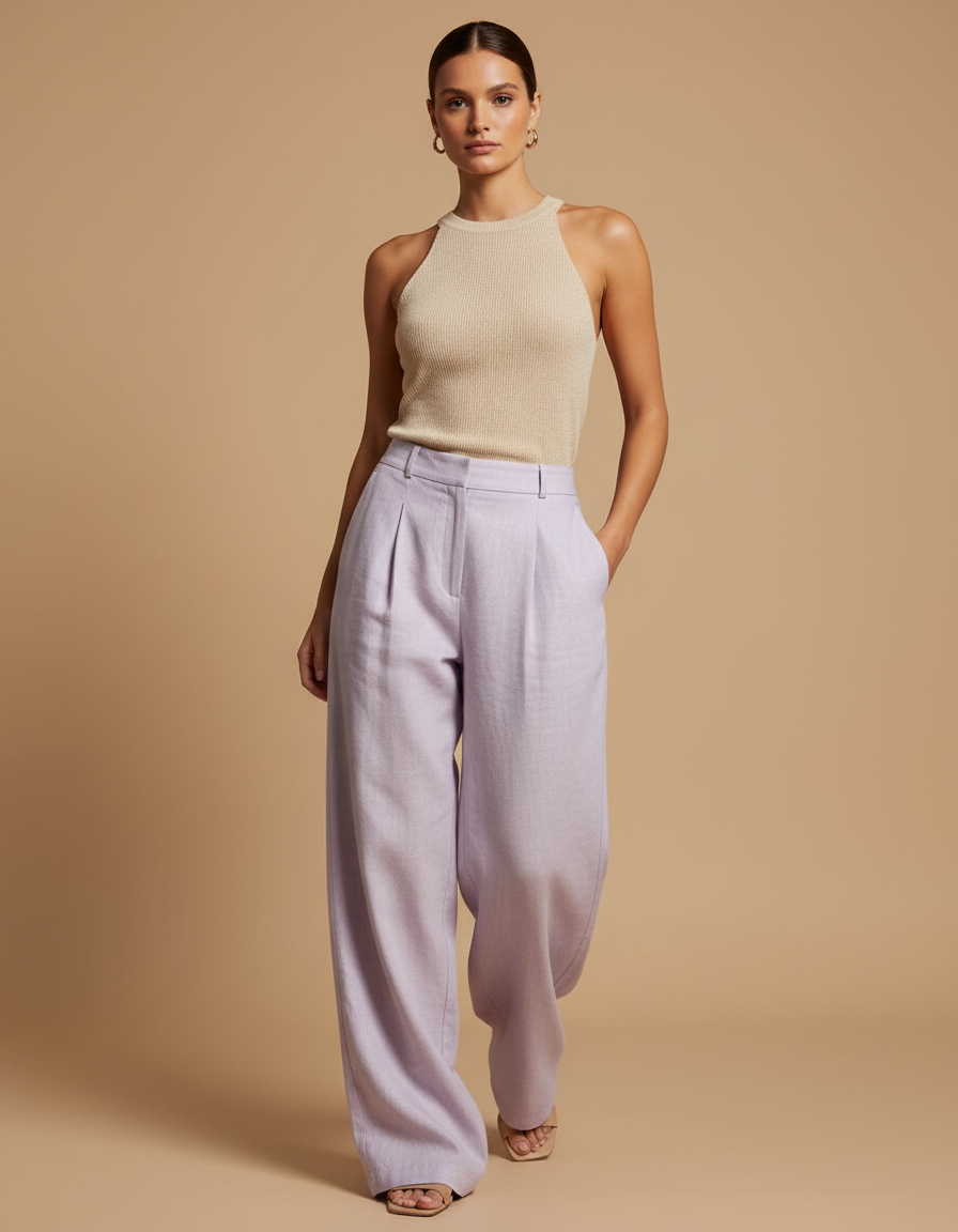 Pantalon Baggy Lavande Ample Lin Plissé Fluide - Violet