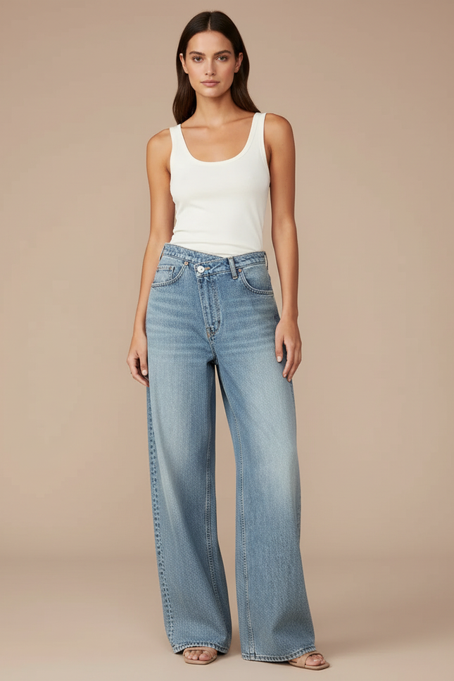 Pantalon Baggy Jean Bleu Ample Taille Haute