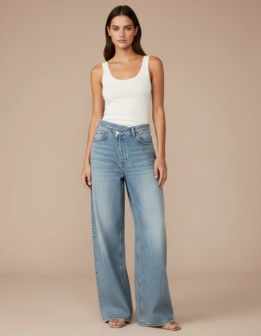 Pantalon Baggy Jean Bleu Ample Taille Haute