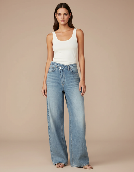 Pantalon Baggy Jean Bleu Ample Taille Haute