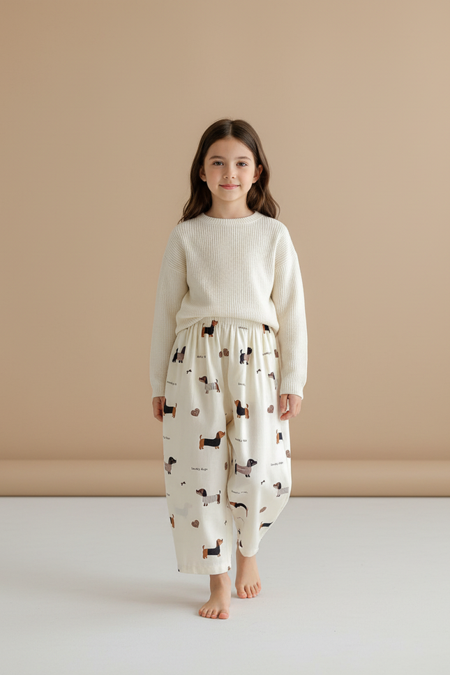 Pantalon Baggy Crème Coton Imprimé Chiens Ample Enfant - Blanc