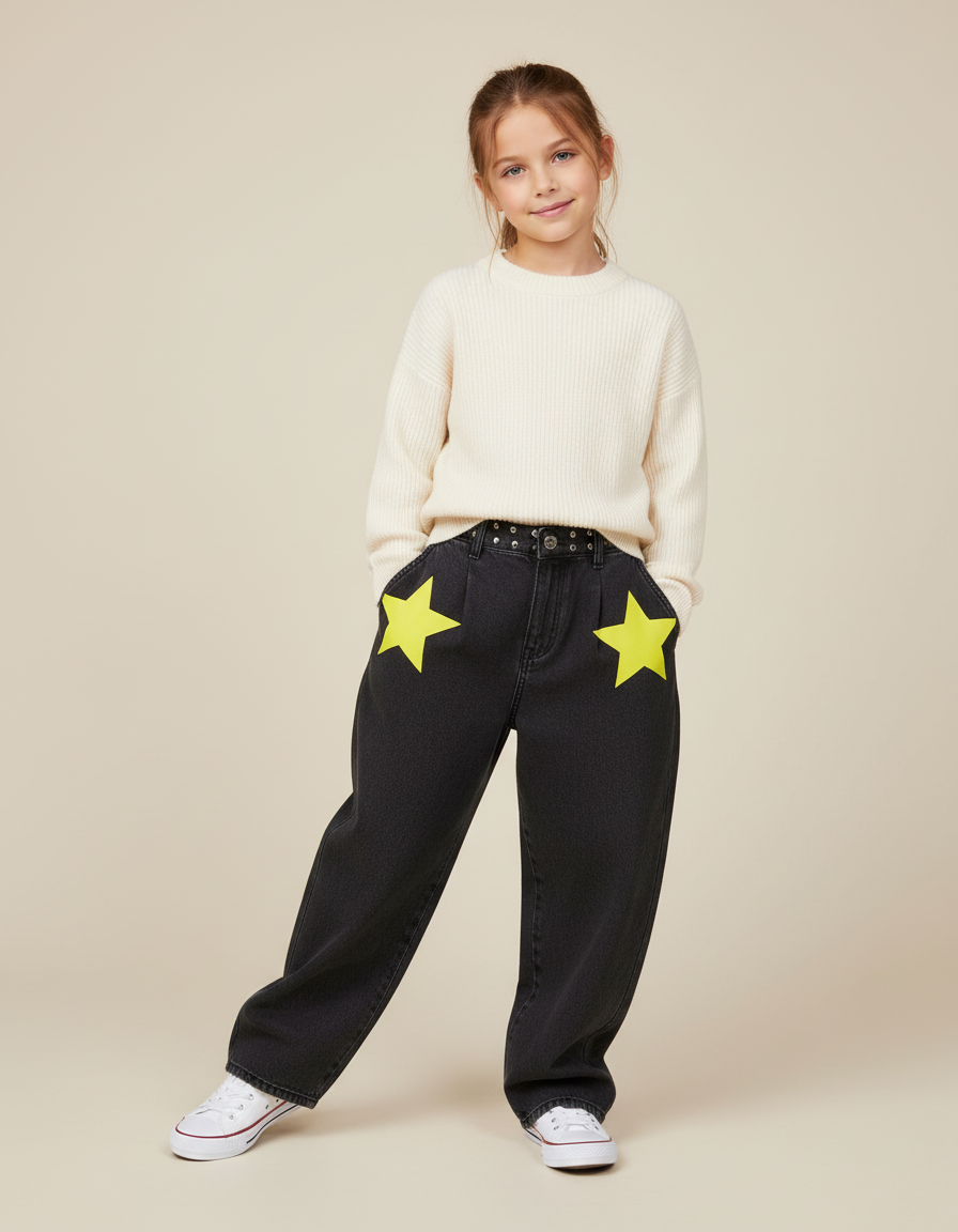 Pantalon Baggy Noir Étoiles Jaunes Ample Décontracté - Jean