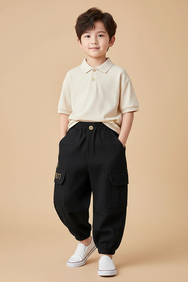 Pantalon Baggy Noir Coton Cargo Enfant Décontracté