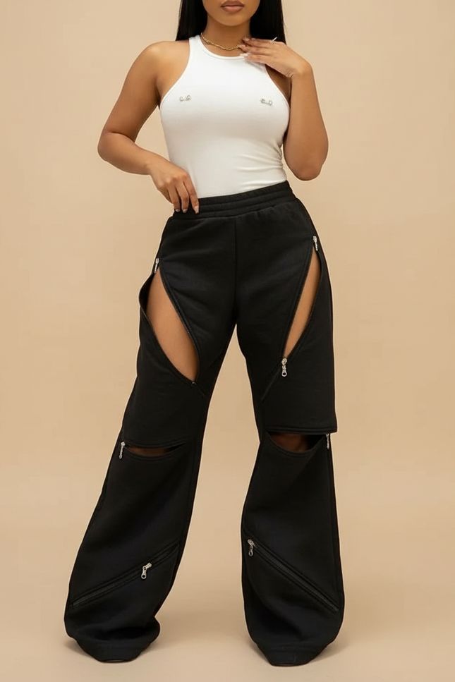 Pantalon Baggy Noir Zippé Ouvert Décontracté Ample - Molleton