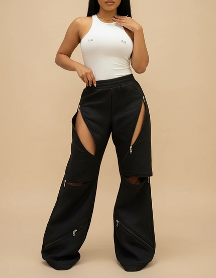 Pantalon Baggy Noir Zippé Ouvert Décontracté Ample - Molleton