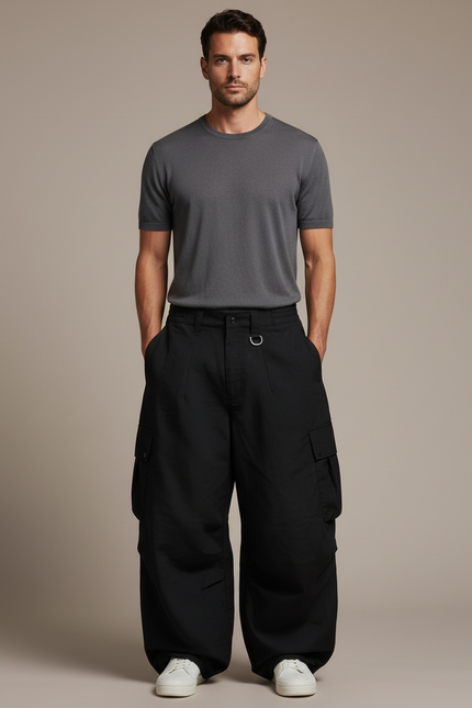 Pantalon Baggy Noir Cargo Ample Plissé Homme - Gabardine