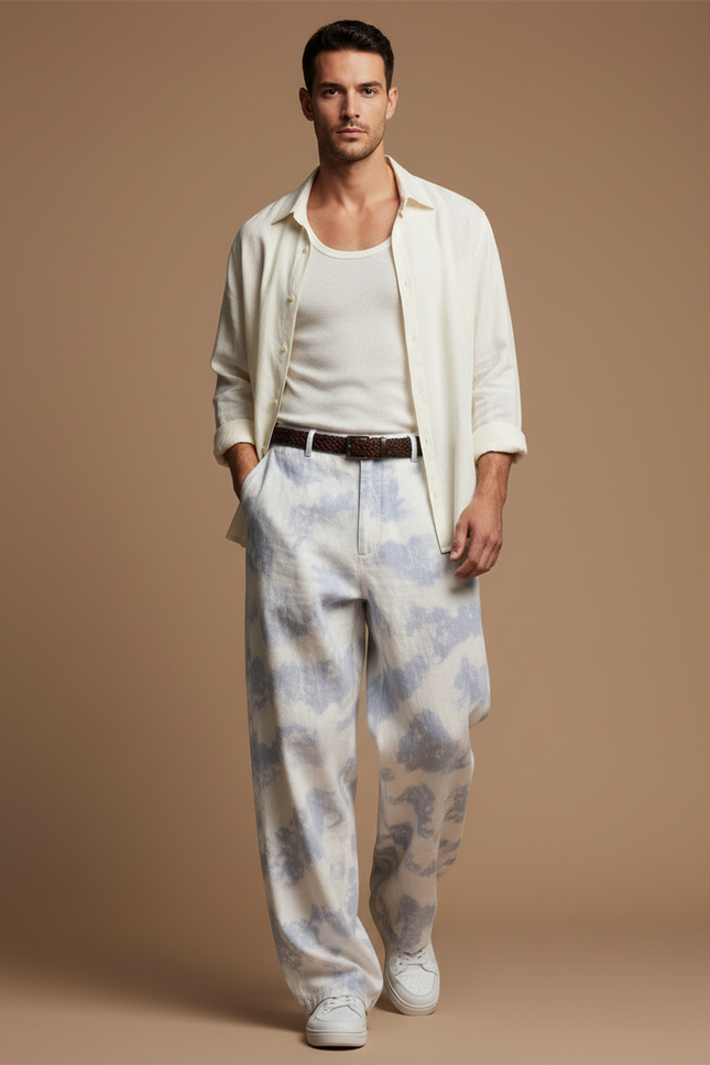 Pantalon Baggy Tie-Dye Bleu Ample Décontracté Homme - Toile