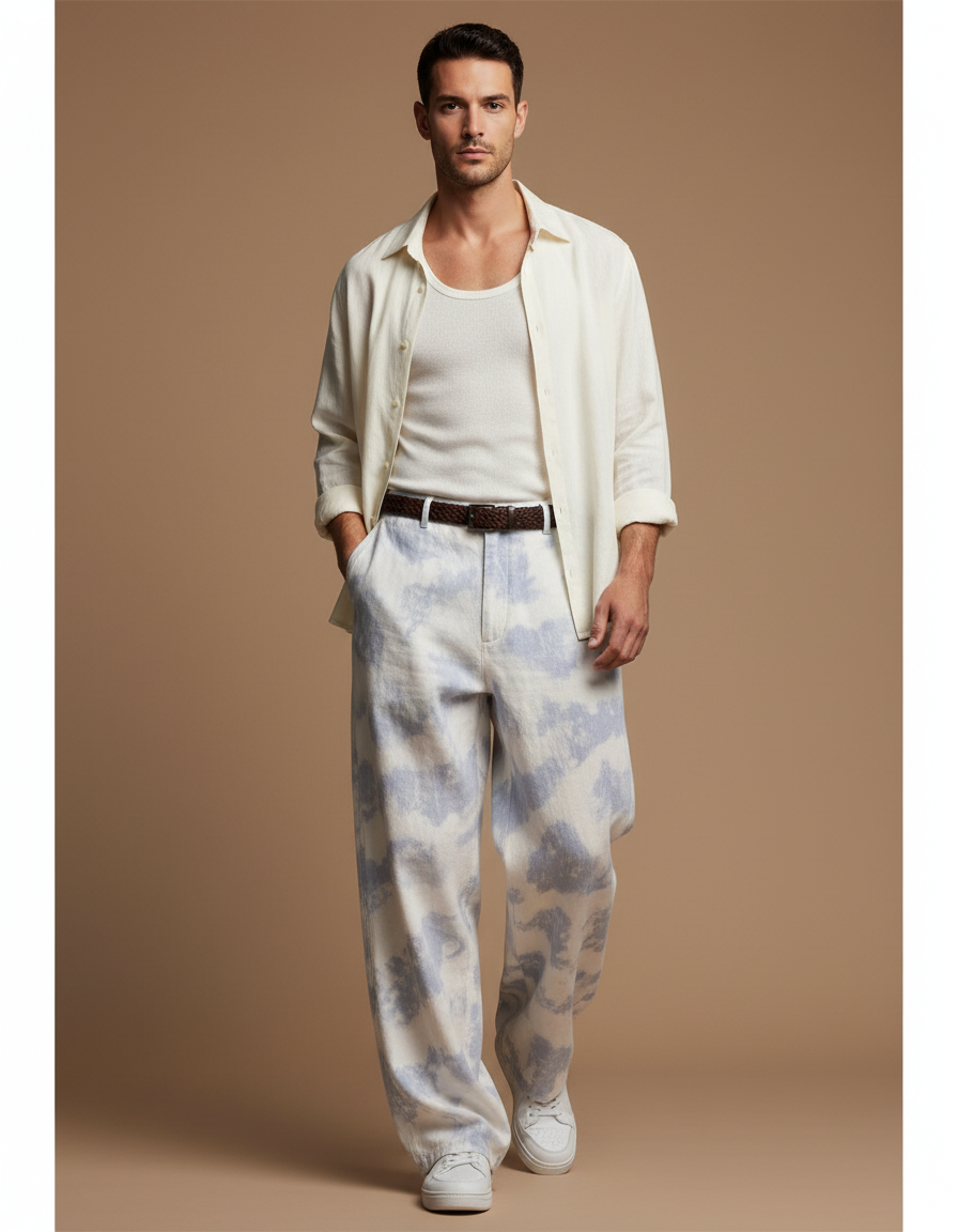 Pantalon Baggy Tie-Dye Bleu Ample Décontracté Homme - Toile