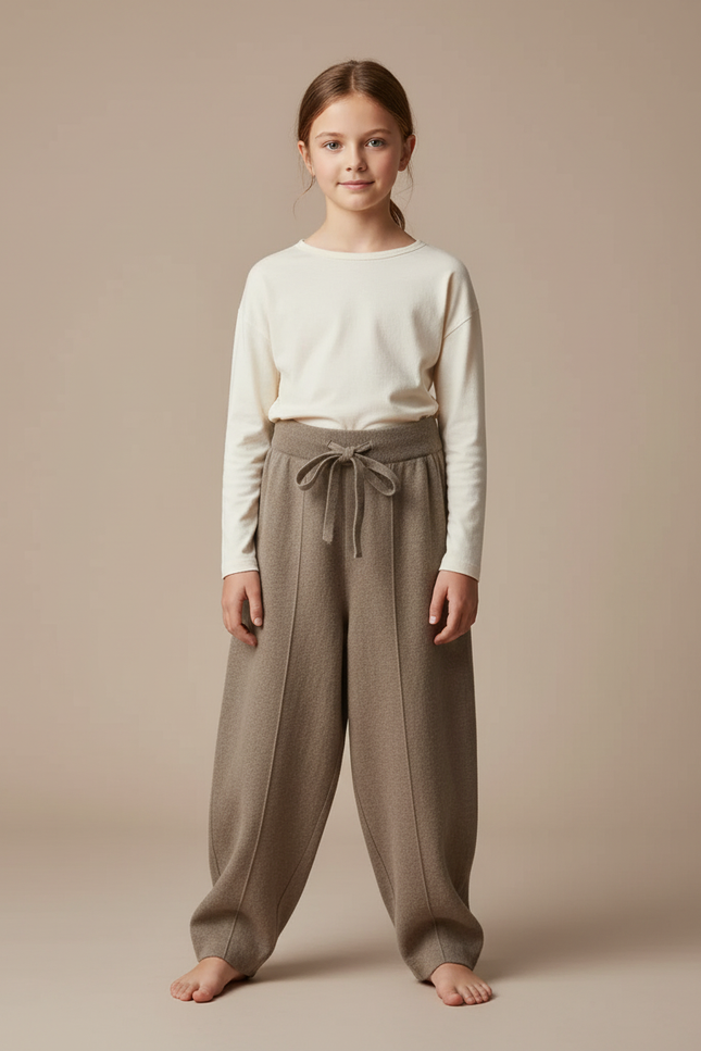 Pantalon Baggy Marron Laine Tricoté Ample Cordon Fille
