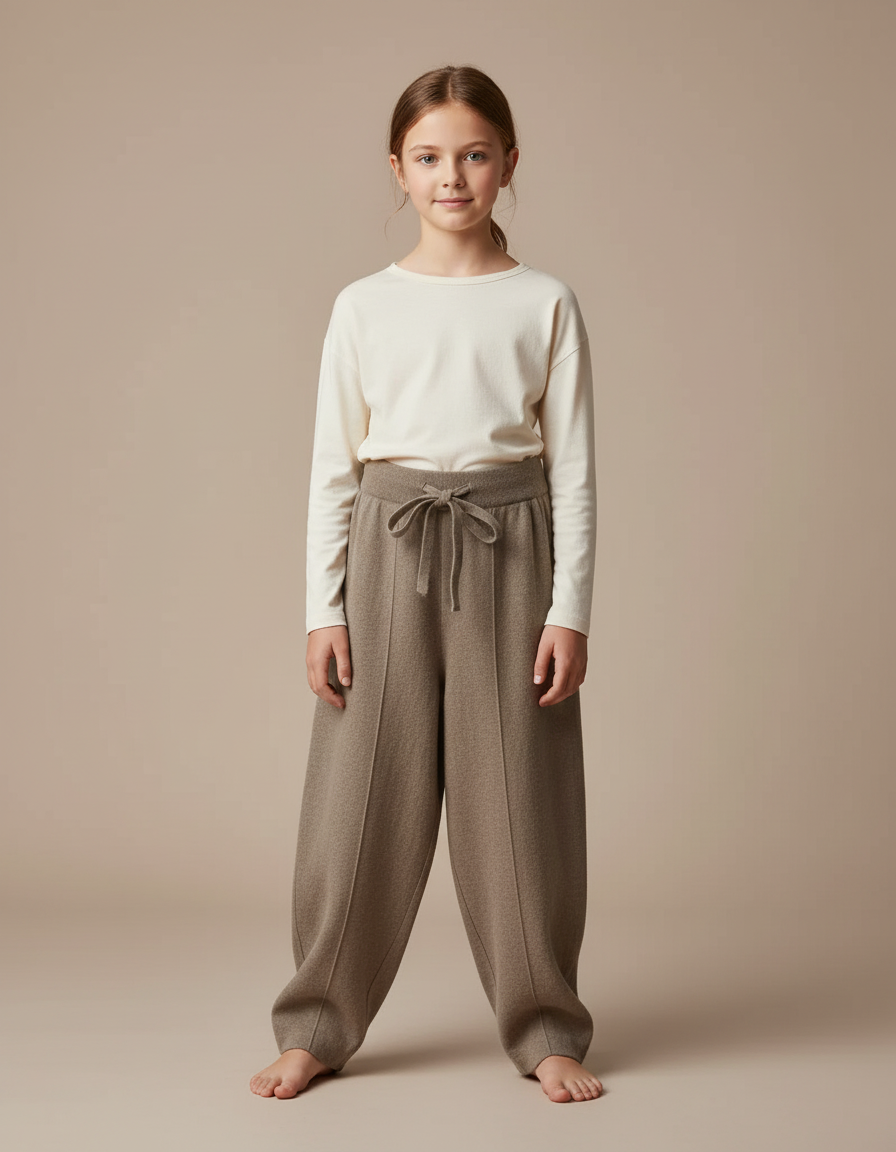 Pantalon Baggy Marron Laine Tricoté Ample Cordon Fille