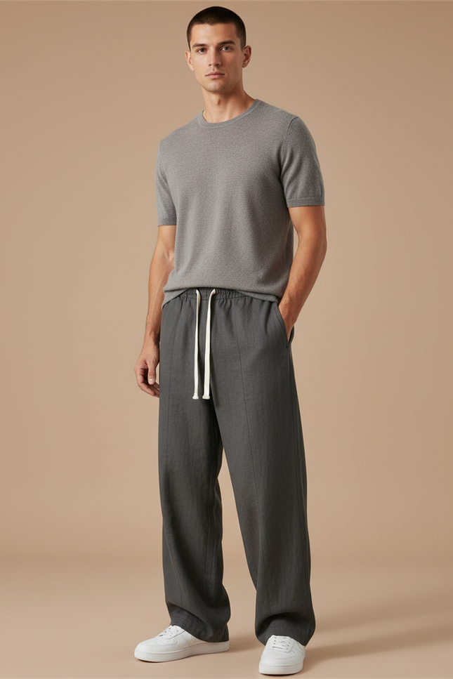 Pantalon Baggy Gris Cordon Ample Coton Droit Homme