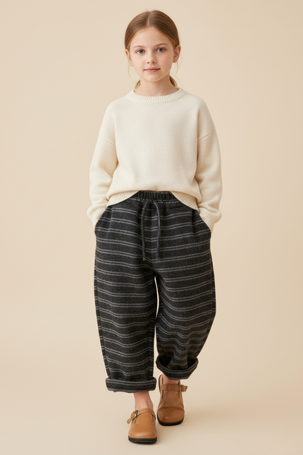 Pantalon Baggy Gris Rayures Horizontales Ample Enfant - Laine