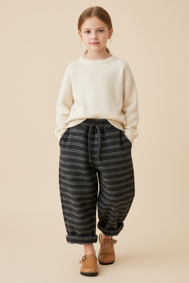 Pantalon Baggy Gris Rayures Horizontales Ample Enfant - Laine