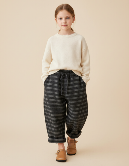 Pantalon Baggy Gris Rayures Horizontales Ample Enfant - Laine