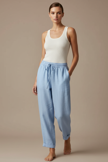 Pantalon Baggy Bleu Clair Ample Lin Décontracté Femme