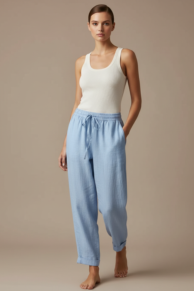 Pantalon Baggy Bleu Clair Ample Lin Décontracté Femme