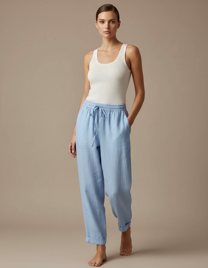 Pantalon Baggy Bleu Clair Ample Lin Décontracté Femme