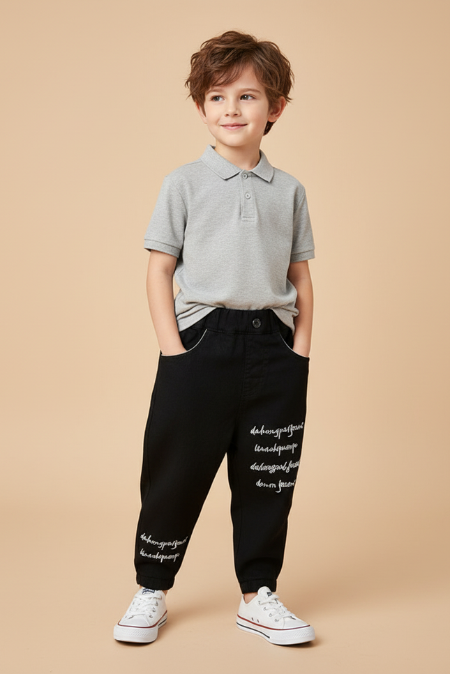 Pantalon Baggy Noir Ample Imprimé Garçon Coton - Molleton