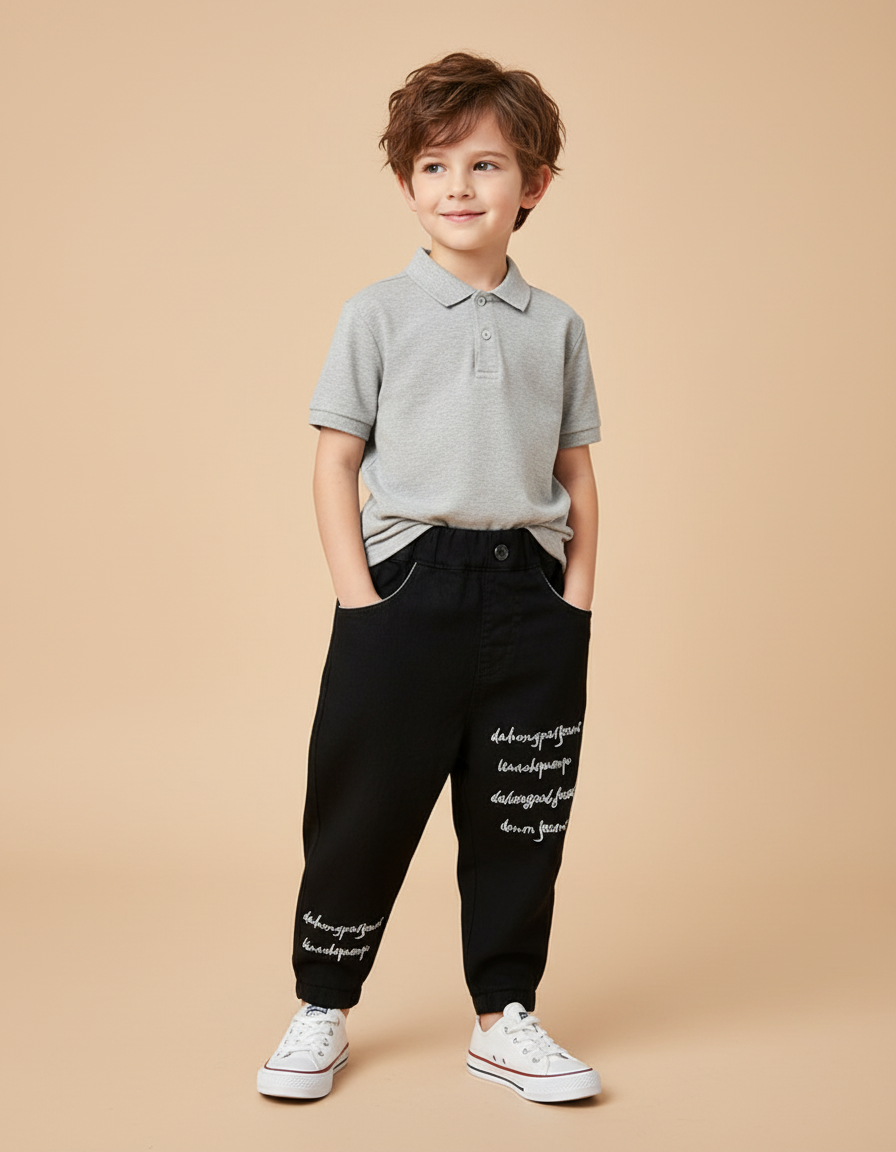 Pantalon Baggy Noir Ample Imprimé Garçon Coton - Molleton