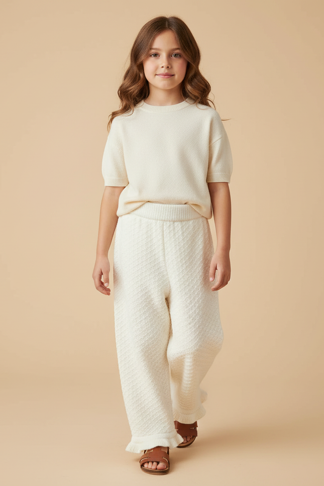 Pantalon Baggy Crème Tricoté Ample Texturé Fille - Beige Maille