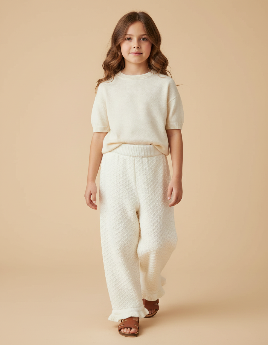 Pantalon Baggy Crème Tricoté Ample Texturé Fille - Beige Maille