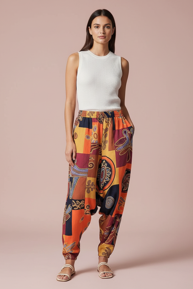 Pantalon Baggy Imprimé Ethnique Ample Bohème Coloré Femme - Multicolore Coton