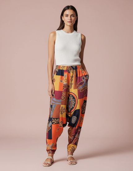 Pantalon Baggy Imprimé Ethnique Ample Bohème Coloré Femme - Multicolore Coton