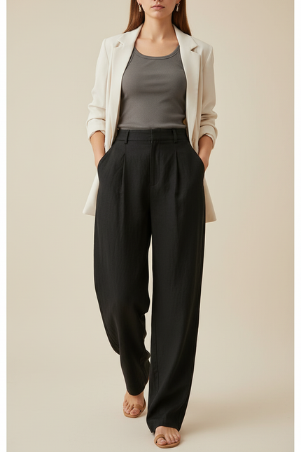 Pantalon Baggy Noir Lin Plissé Ample Fluide
