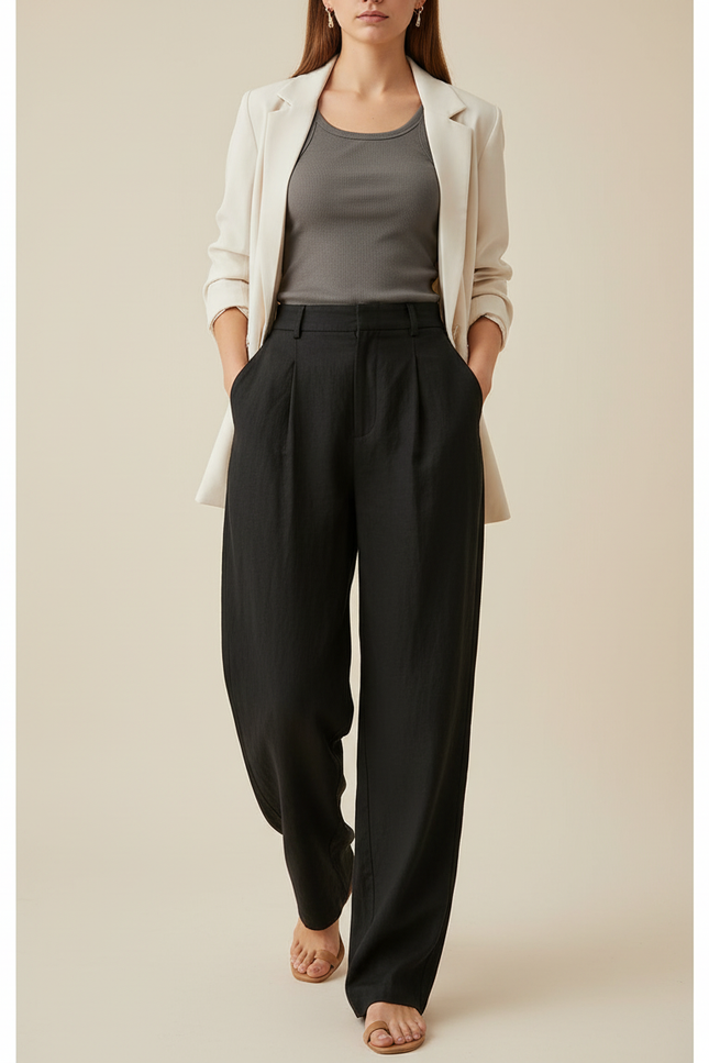 Pantalon Baggy Noir Lin Plissé Ample Fluide