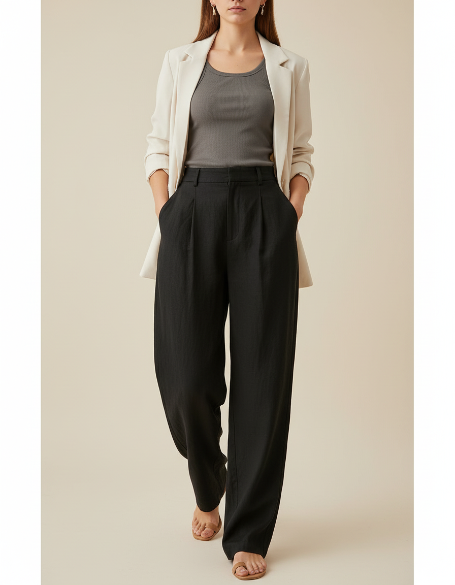 Pantalon Baggy Noir Lin Plissé Ample Fluide