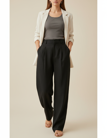 Pantalon Baggy Noir Lin Plissé Ample Fluide