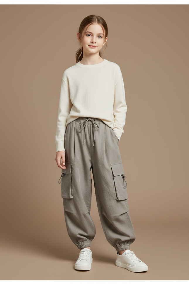 Pantalon Baggy Gris Cargo Ample Cordon Fille - Toile