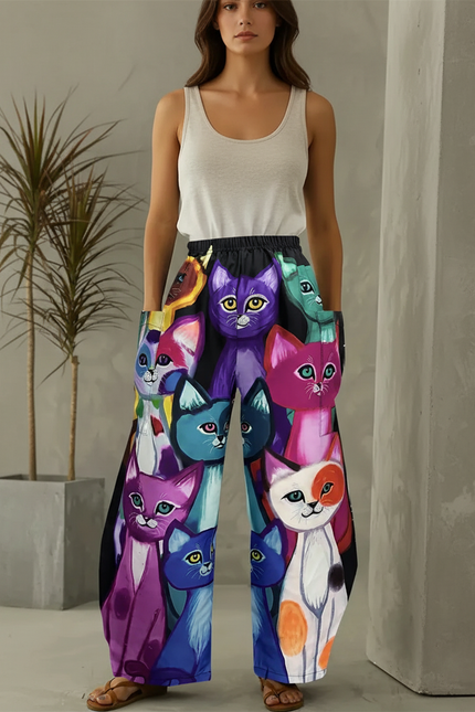 Pantalon Baggy Imprimé Chats Colorés Ample Fluide - Polyester