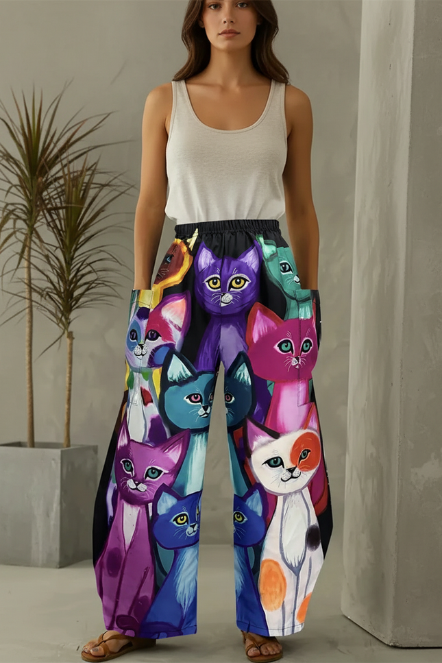 Pantalon Baggy Imprimé Chats Colorés Ample Fluide - Polyester
