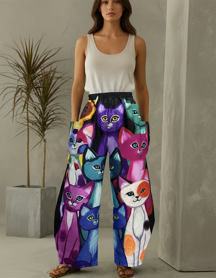 Pantalon Baggy Imprimé Chats Colorés Ample Fluide - Polyester