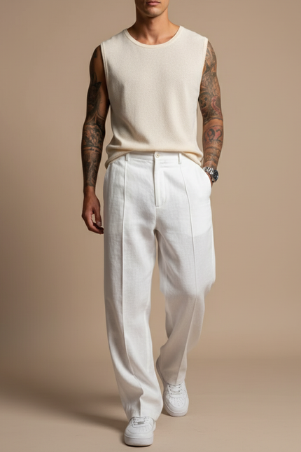 Pantalon Baggy Blanc Lin Plissé Ample Homme