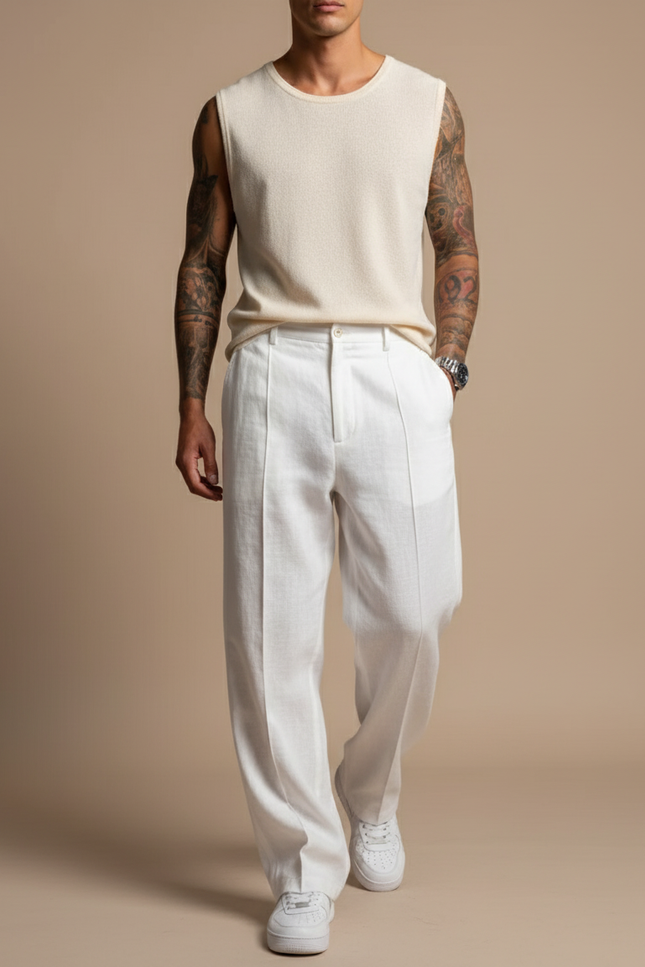 Pantalon Baggy Blanc Lin Plissé Ample Homme