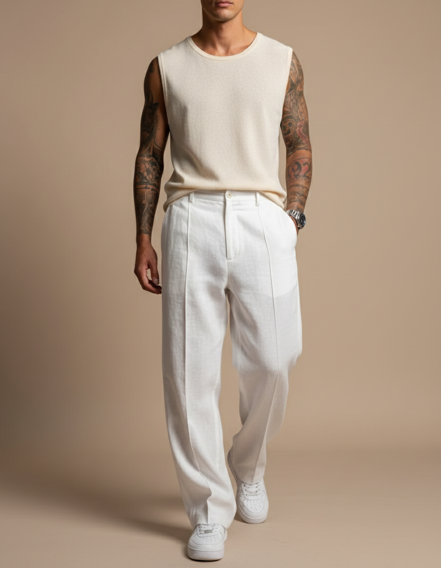 Pantalon Baggy Blanc Lin Plissé Ample Homme