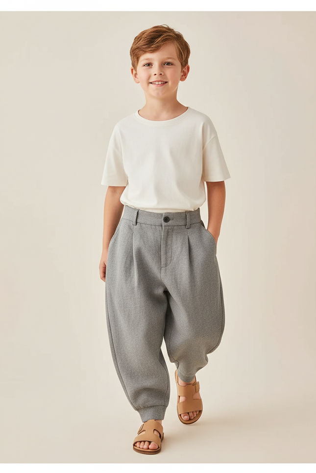 Pantalon Baggy Gris Ample Plissé Coton Enfant - Molleton