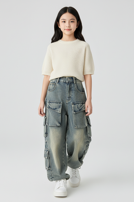 Pantalon Baggy Jean Cargo Ample Enfant Décontracté - Bleu