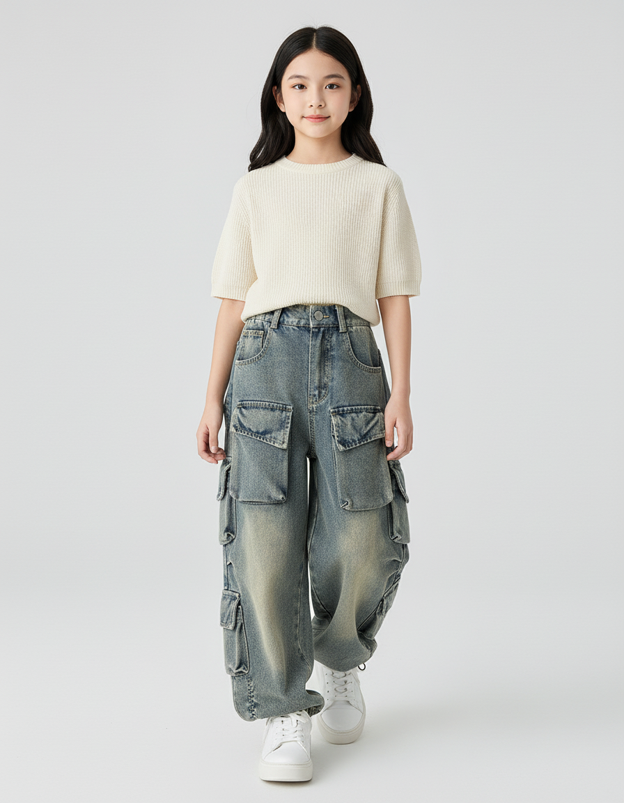 Pantalon Baggy Jean Cargo Ample Enfant Décontracté - Bleu