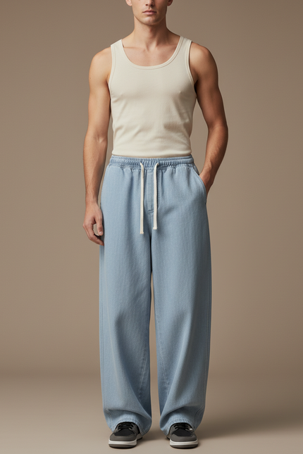 Pantalon Baggy Jean Bleu Clair Ample Cordon Décontracté