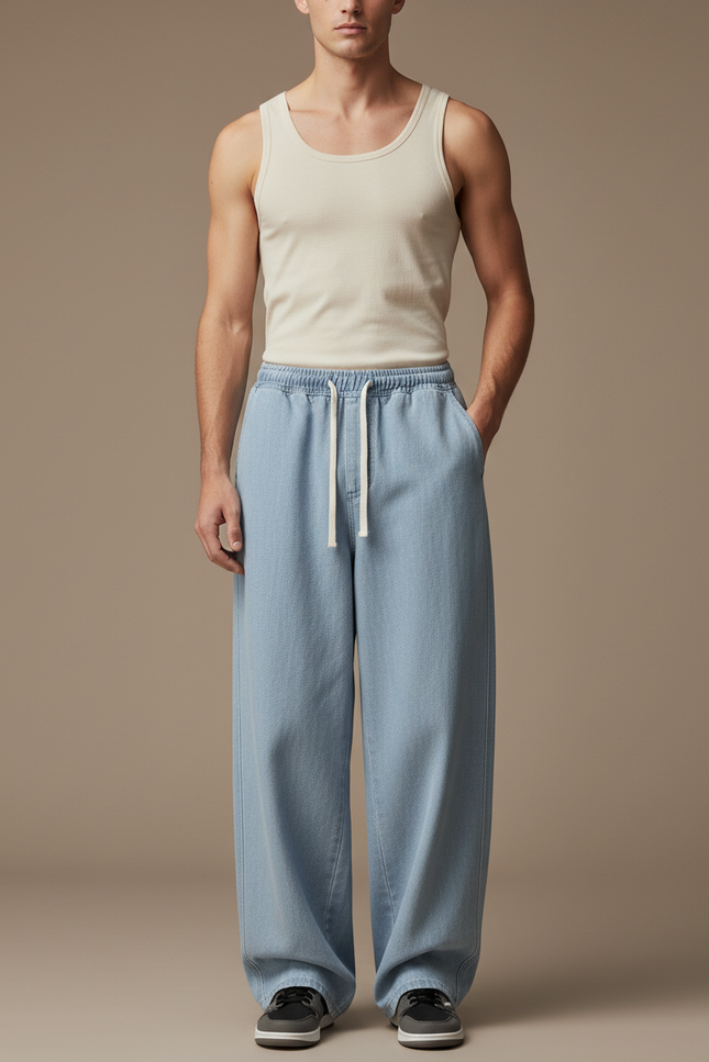 Pantalon Baggy Jean Bleu Clair Ample Cordon Décontracté