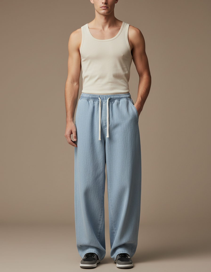 Pantalon Baggy Jean Bleu Clair Ample Cordon Décontracté