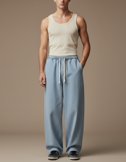 Pantalon Baggy Jean Bleu Clair Ample Cordon Décontracté