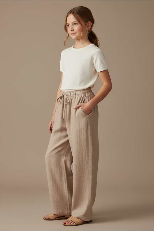Pantalon Baggy Beige Coton Lin Ample Décontracté