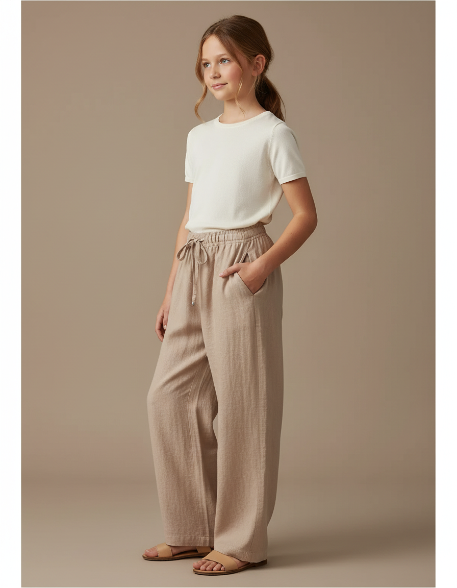 Pantalon Baggy Beige Coton Lin Ample Décontracté