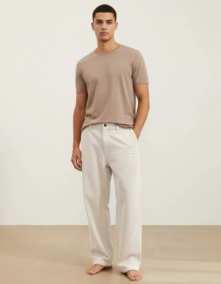 Pantalon Baggy Large Corduroy Écru Décontracté Homme - Beige Cordé
